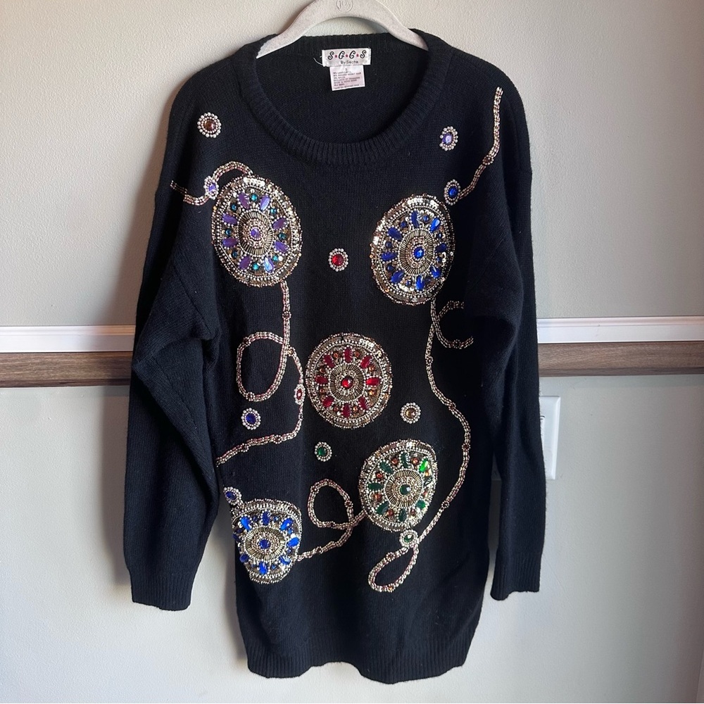 Vintage SGCS Sacha tunic Sweater Lambswool Angora Black Beaded Bling​